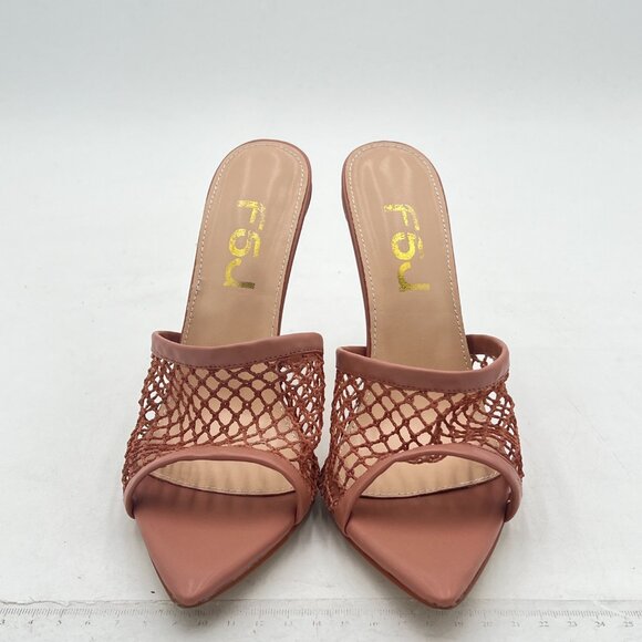 FSJ Tan Mesh High Heel Sandals Mules Peep Toe Slide Slip On Summer Dress Shoes - Picture 3 of 8